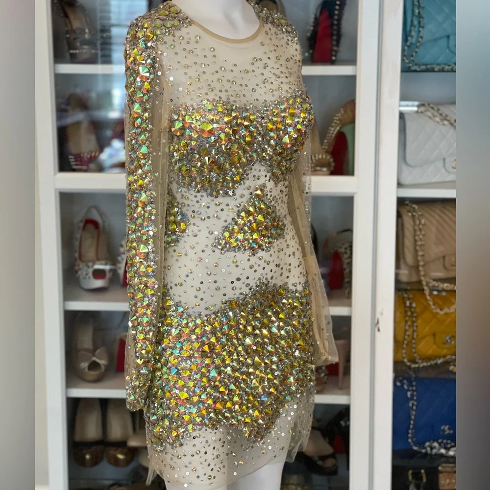 JOVANI 8 long sleeve shirt cocktail dress sheer mesh Crystal sequin NYE dress - Picture 13 of 14